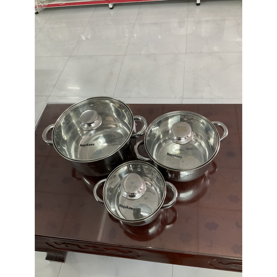 Bộ 3 Nồi Inox Cao Cấp 4 Đáy Nagakawa NAG1304  Dùng Cho Mọi Loại Bếp - Hàng trưng bày