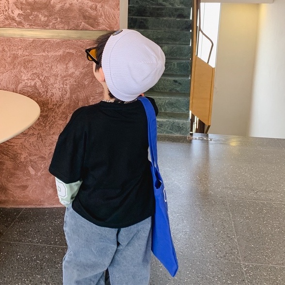 AB374 - Áo phông đen nối tay in chữ sz 100-150,  áo phông  bé trai, cotton, thiết kế thời trang thu đông 2022