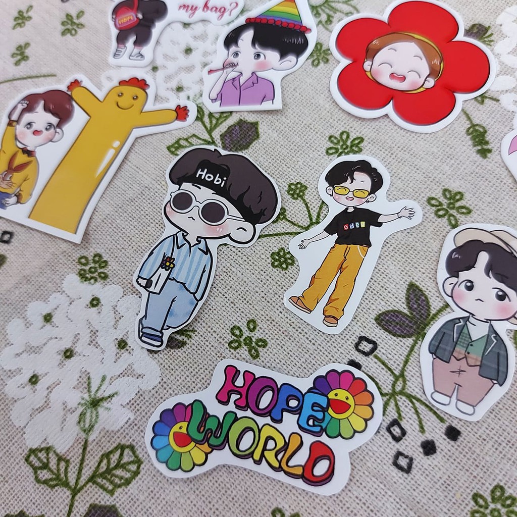 Set 14c sticker BTS Jhope chibi trang trí sổ laptop điện thoại