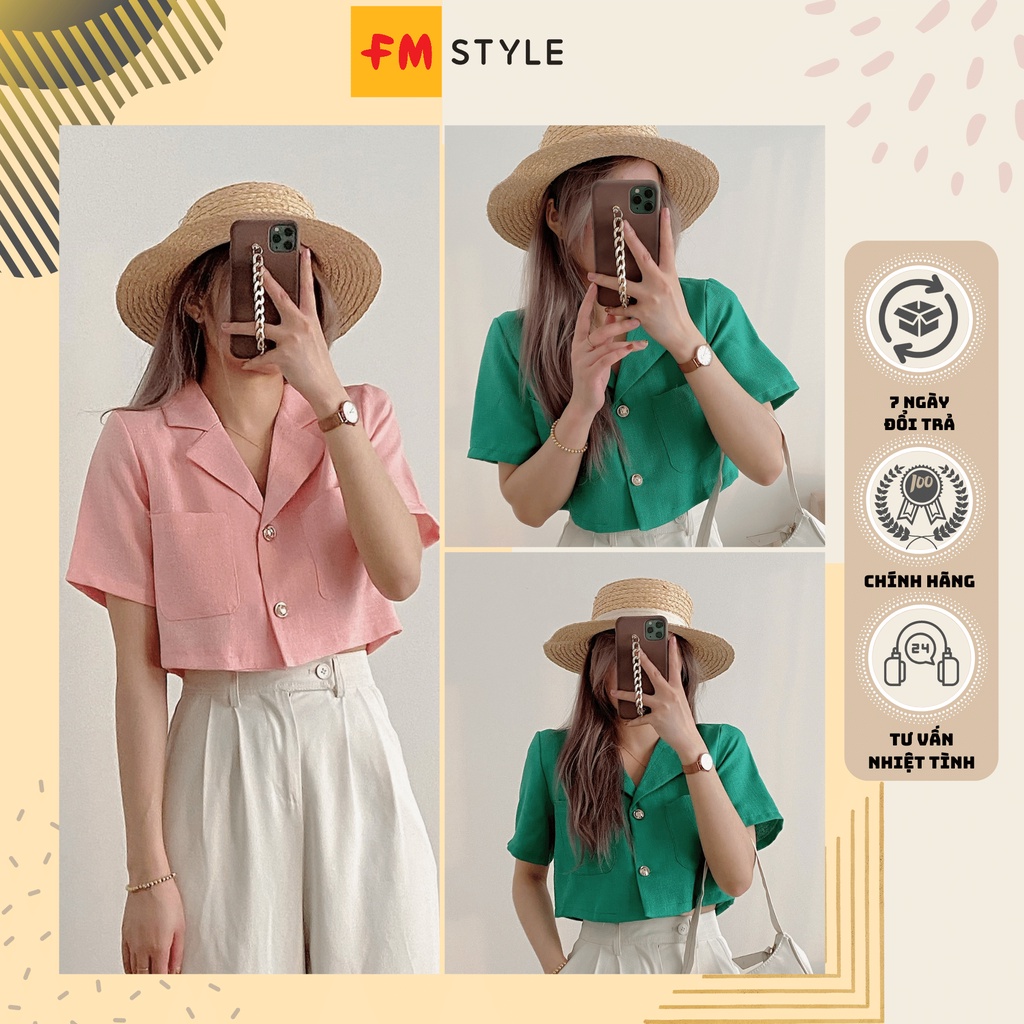 Áo kiểu nữ cổ vest 2 túi phối nút fmstyle, áo croptop nữ tay ngắn có cổ phong cách Hàn Quốc | Fmstyle Shop 204270011