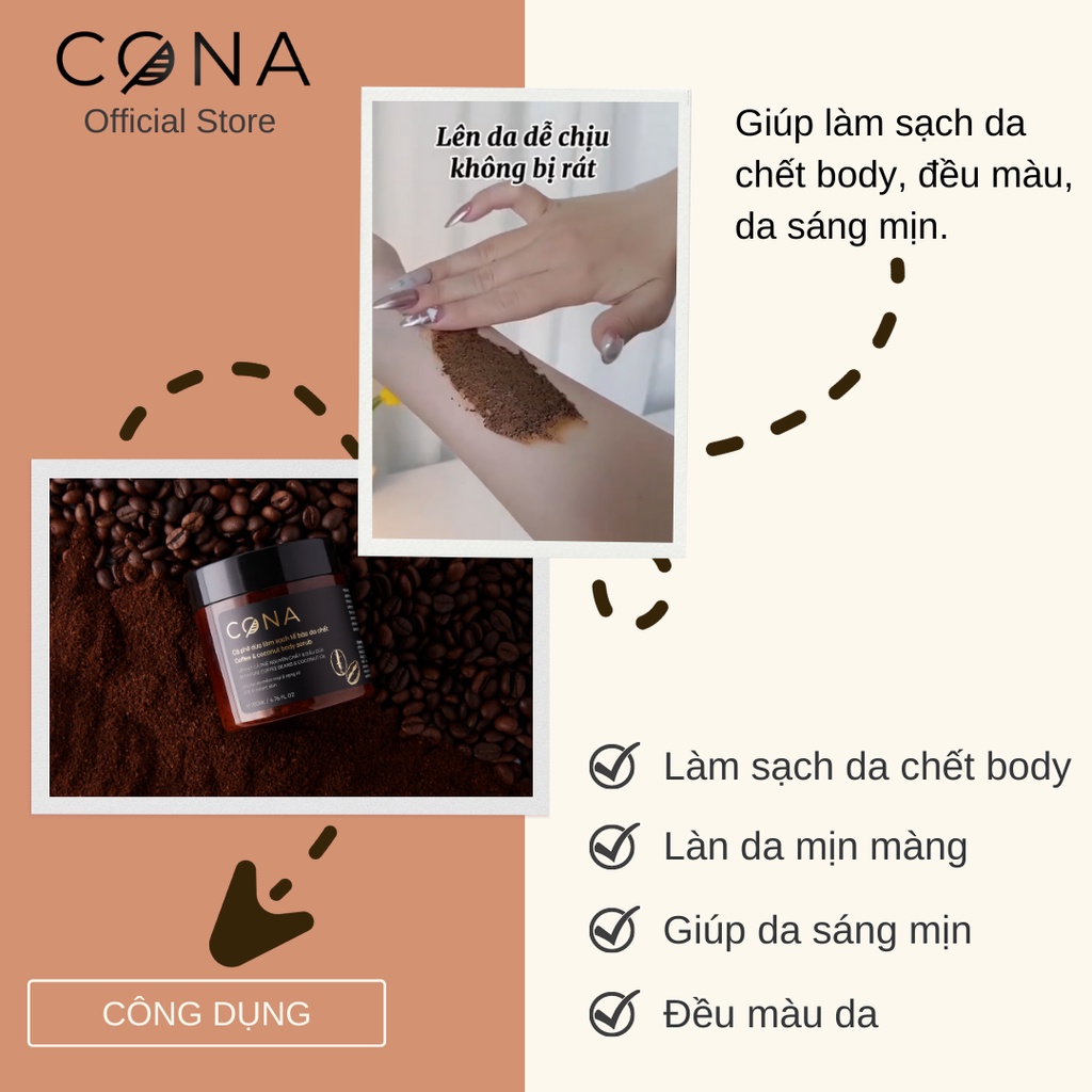 Combo cà phê Đăk Lăk và dầu dừa tẩy da chết mặt 150ml và tẩy da chết cơ thể 200ml Cona cho làn da sạch sáng mịn đều màu