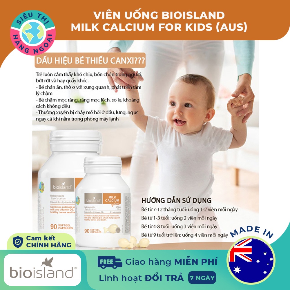 Viên Bổ sung Canxi sữa cho bé của Úc Bio Island Milk Calcium Kids 90 viên