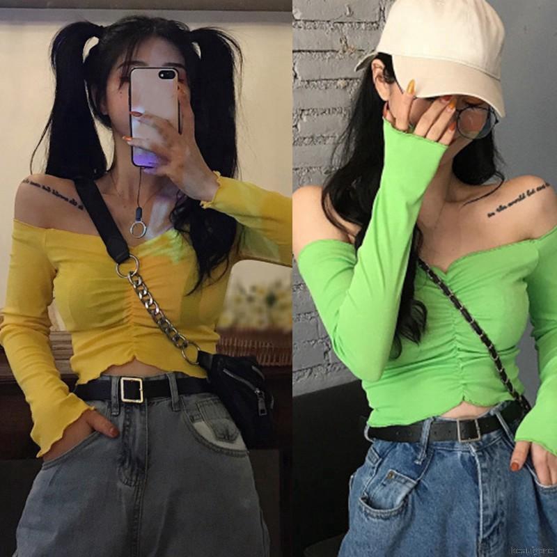 Áo Croptop tay dài thiết kế trễ vai quyến rũ cho nữ | BigBuy360 - bigbuy360.vn