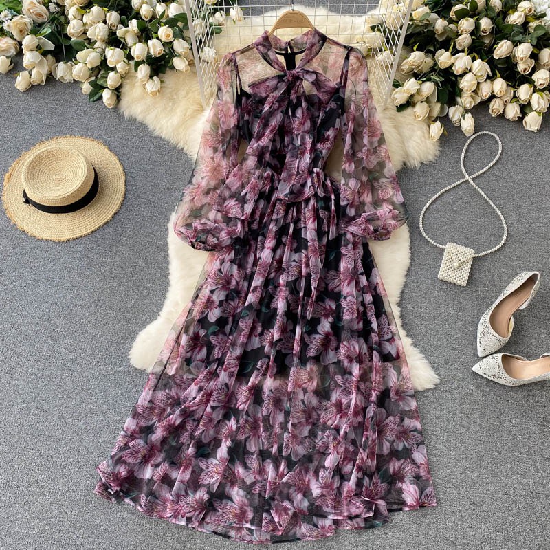 Đầm voan dài tay thanh lịch váy hoa cổ tích maxi dáng dài Đ732