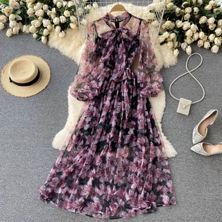 Đầm voan dài tay thanh lịch váy hoa cổ tích maxi dáng dài Đ732