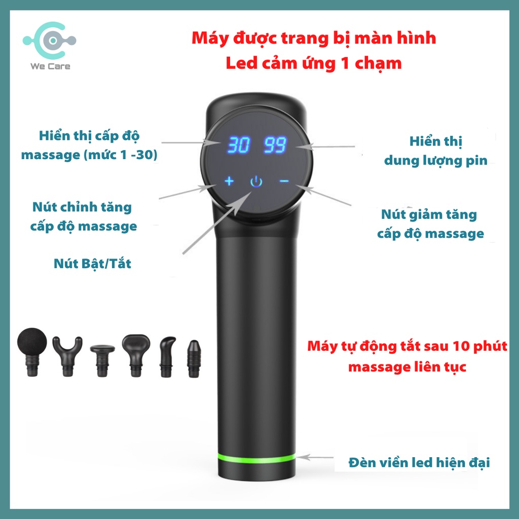 [Cao Cấp] Súng Massage Cầm Tay 6 Đầu 30 Cấp Độ, Màn Hình LCD, Máy Massage Giảm Đau Mỏi Toàn Thân, Cổ Vai Gáy