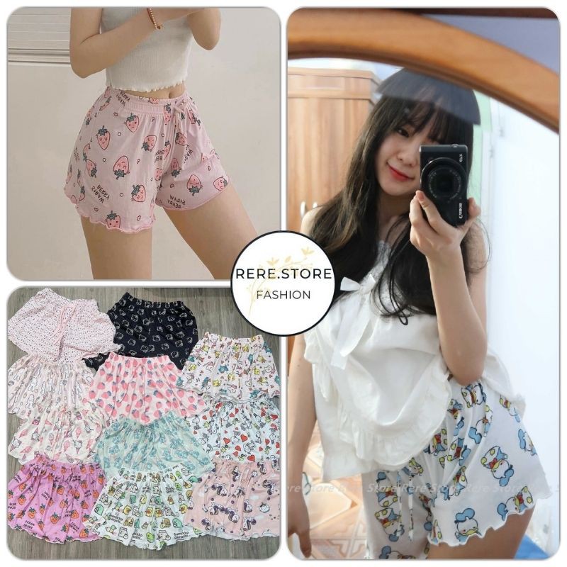 Quần Đùi Cộc Kitty Viền Bèo Nữ - Rere.Store [FREESHIP] - Short mặc nhà, mặc đi ngủ chất thun ống rộng Ulzzang