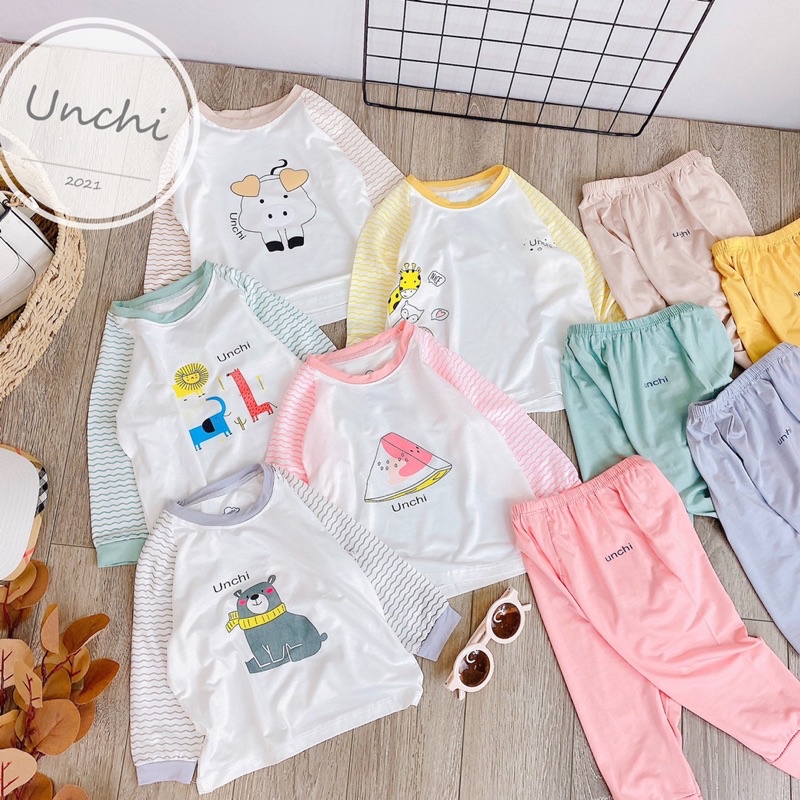 Bộ quần áo dài tay điều hoà chui cổ vải thun lạnh mềm mỏng Unchi phối màu bé trai bé gái 6-14,5kg