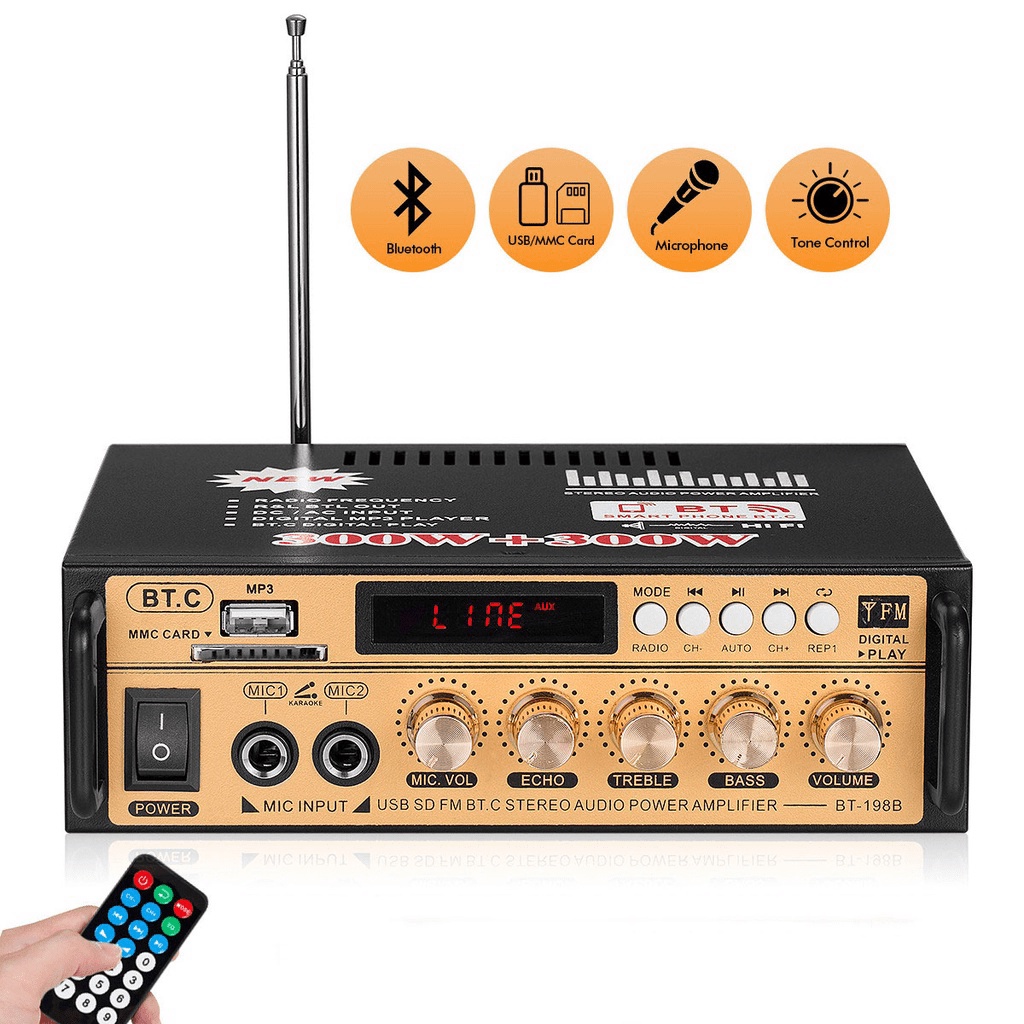Amply mini bluetooth 12v/220v BT-198BB hàng chuẩn ,chuyên cân loa nghe nhạc, đánh chim đêm, bán hàng rong