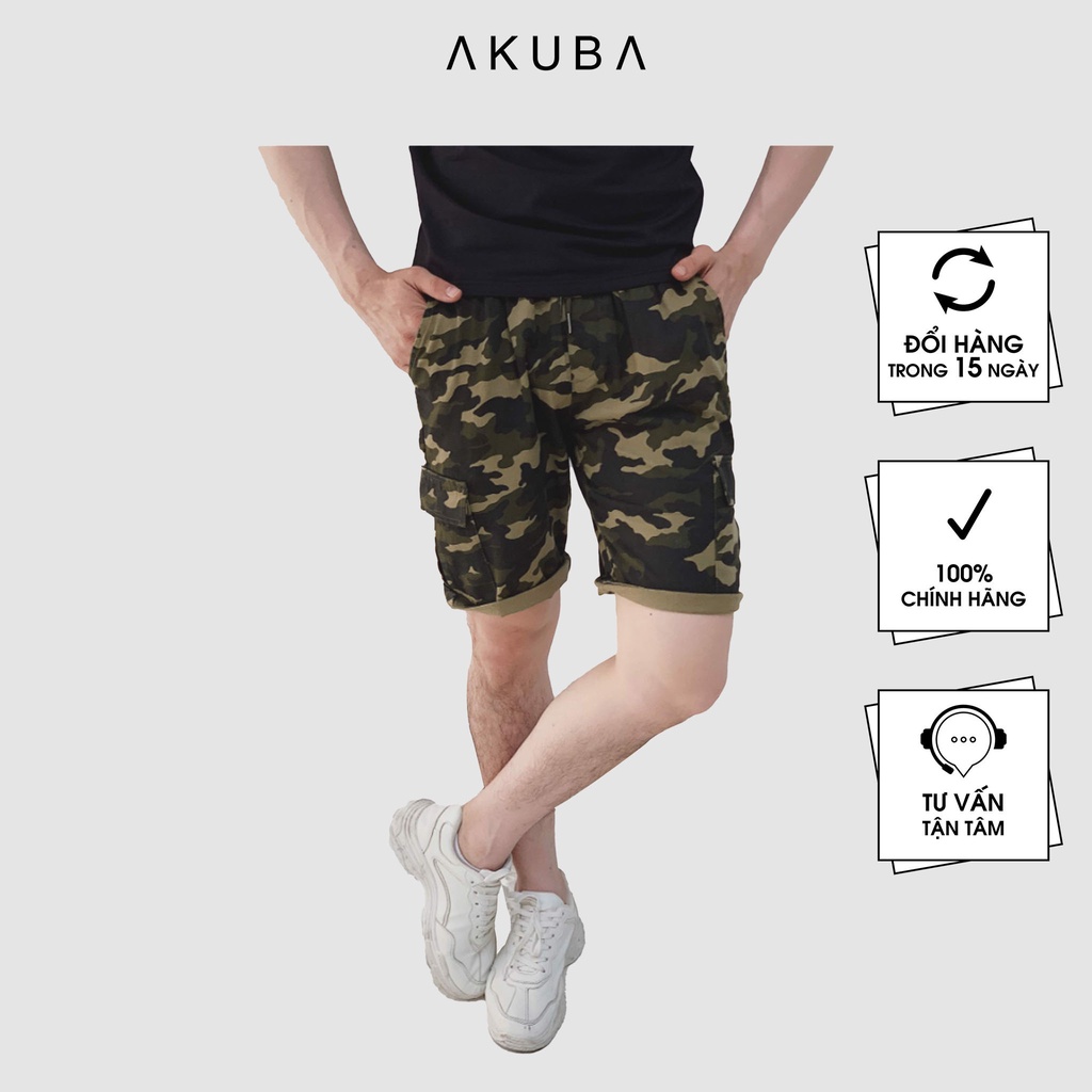 Quần short nam họa tiết camo lính AKUBA form slimfit, lưng thun mặc thoải mái 6609
