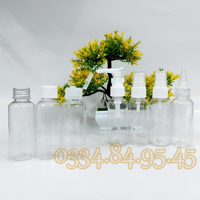 [100] Chai nhựa 50ML nắp bật, phun sương, xịt giọt, nắp nhôm, nắp vặn trắng, nắp nhọn, vòi nhấn dài - Lọ chiết mỹ phẩm