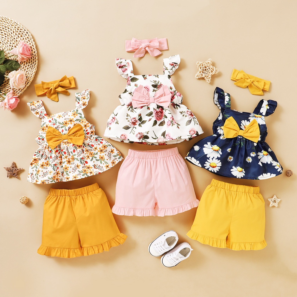 Trang phục Mikrdoo 3 món gồm áo tay cánh bướm in hoa + quần short + băng đô thời trang cho bé gái 1-5 tuổi