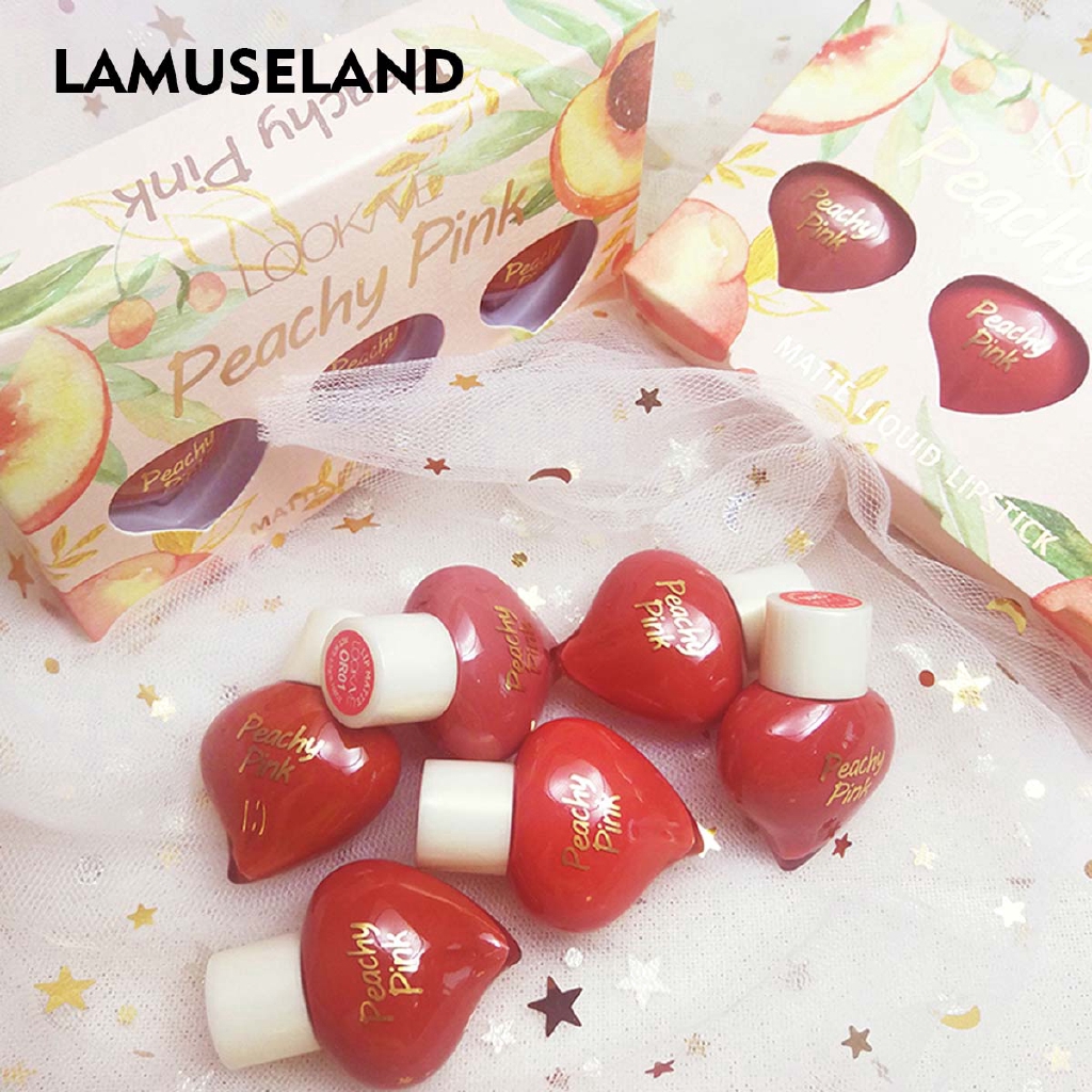 Set 3 son môi hình dạng trái đào LAMUSELAND chống nước dạng lỏng dung tích 3.5g