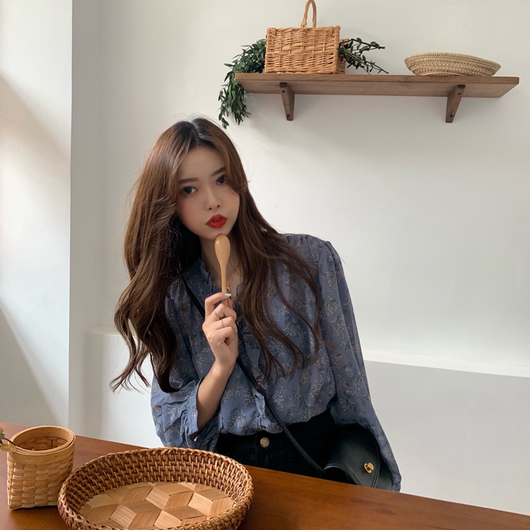 Áo Sơ Mi Chiffon Tay Dài Cổ Chữ V Họa Tiết Hoa Phong Cách Hàn Quốc Cho Nữ