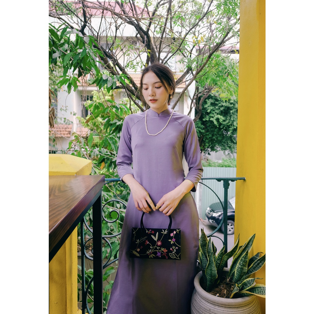 Set Áo Dài Rosemary Lụa Tây tThi Tím Đậm