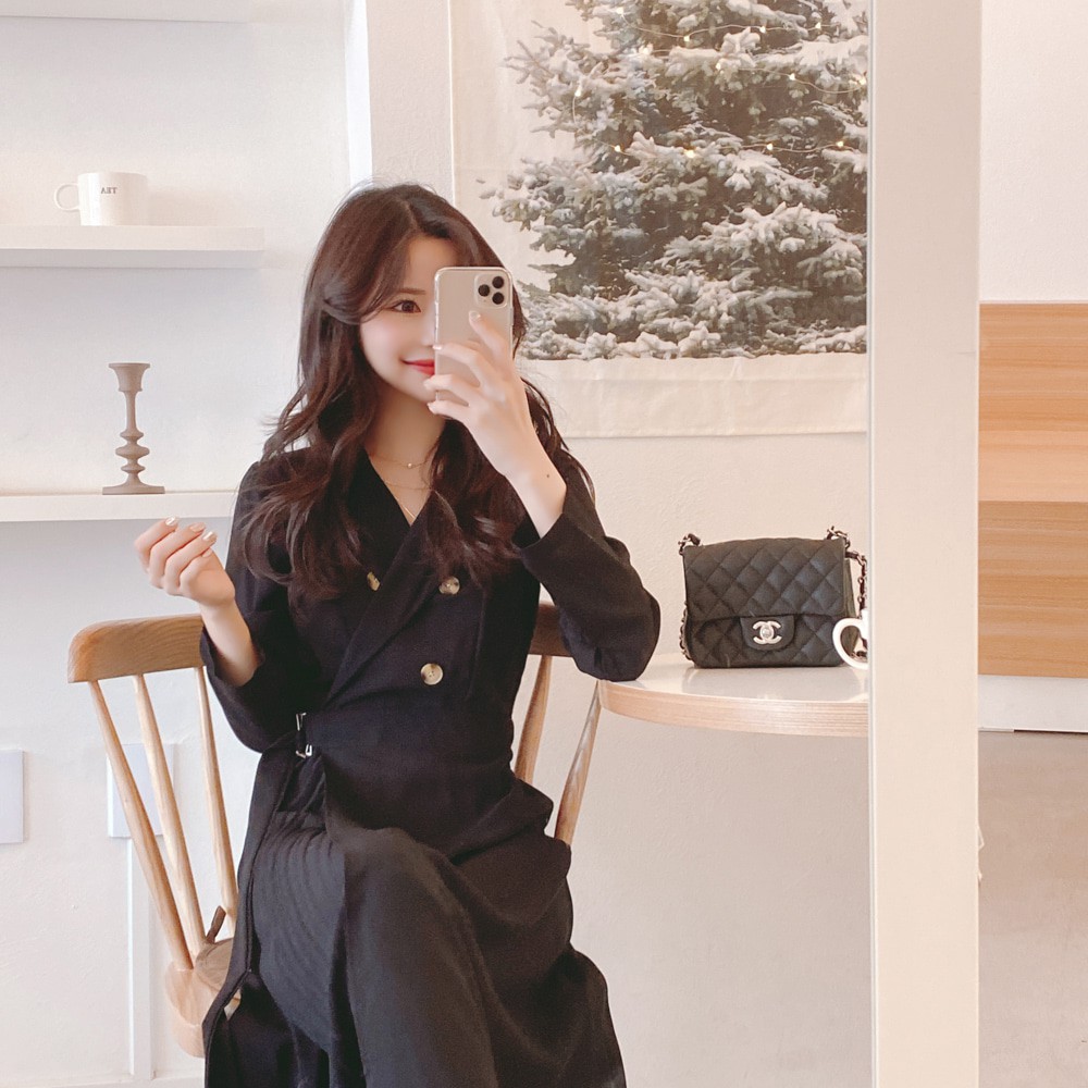 Đầm midi peppermint 32340 tay dài cổ chữ V màu trơn thiết kế đơn giản sành điệu