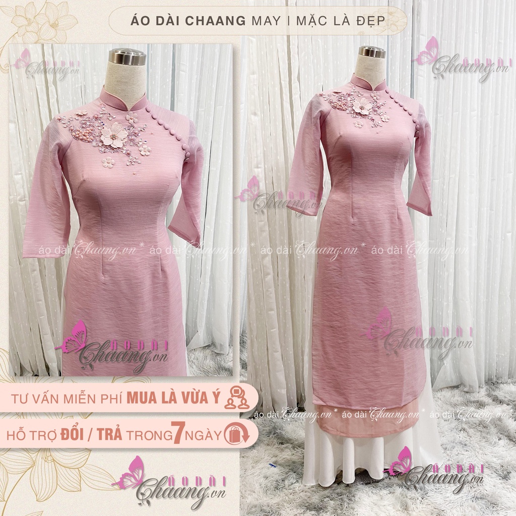 Áo Dài Cách Tân Nữ 4 Tà Lệch Lụa Xước Hồng Đỗ Suôn Mềm Cao Cấp CT018