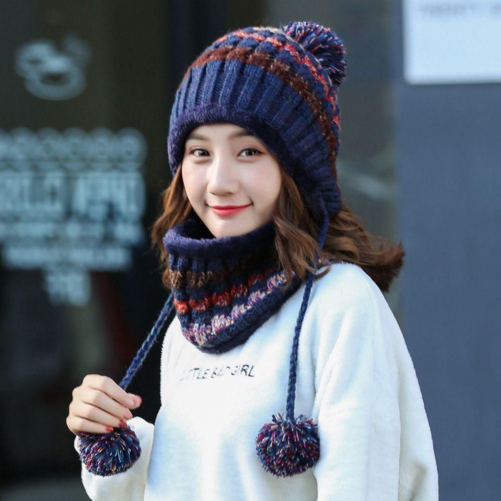 Set Mũ beanie Trùm Đầu Kèm Khăn Choàng Cổ Giữ Ấm Mùa Đông Cho Nữ