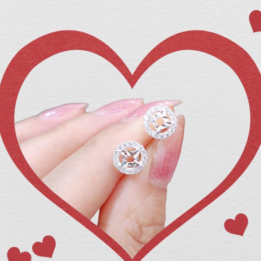 Bông tai bạc Bông mặt kim tiền nạm đá trắng Van Jewelry V10386 hàng công nghệ phay sáng