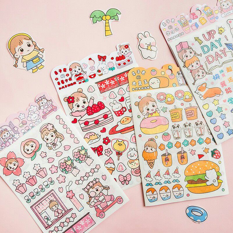 Sét 4 tấm Sticker hình cô gái dễ thương trang trí sổ vở đồ dùng cá nhân