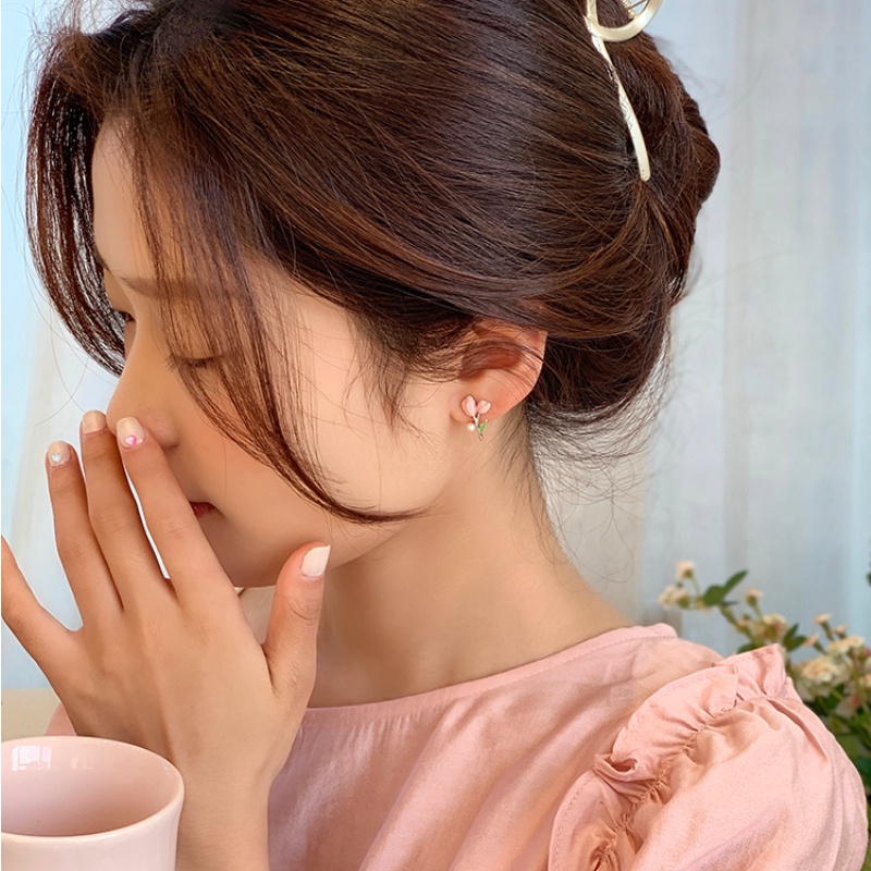 Bông Tai Mạ Bạc 925 Hình Hoa Tulip Đính Ngọc Trai Thời Trang Cho Nữ