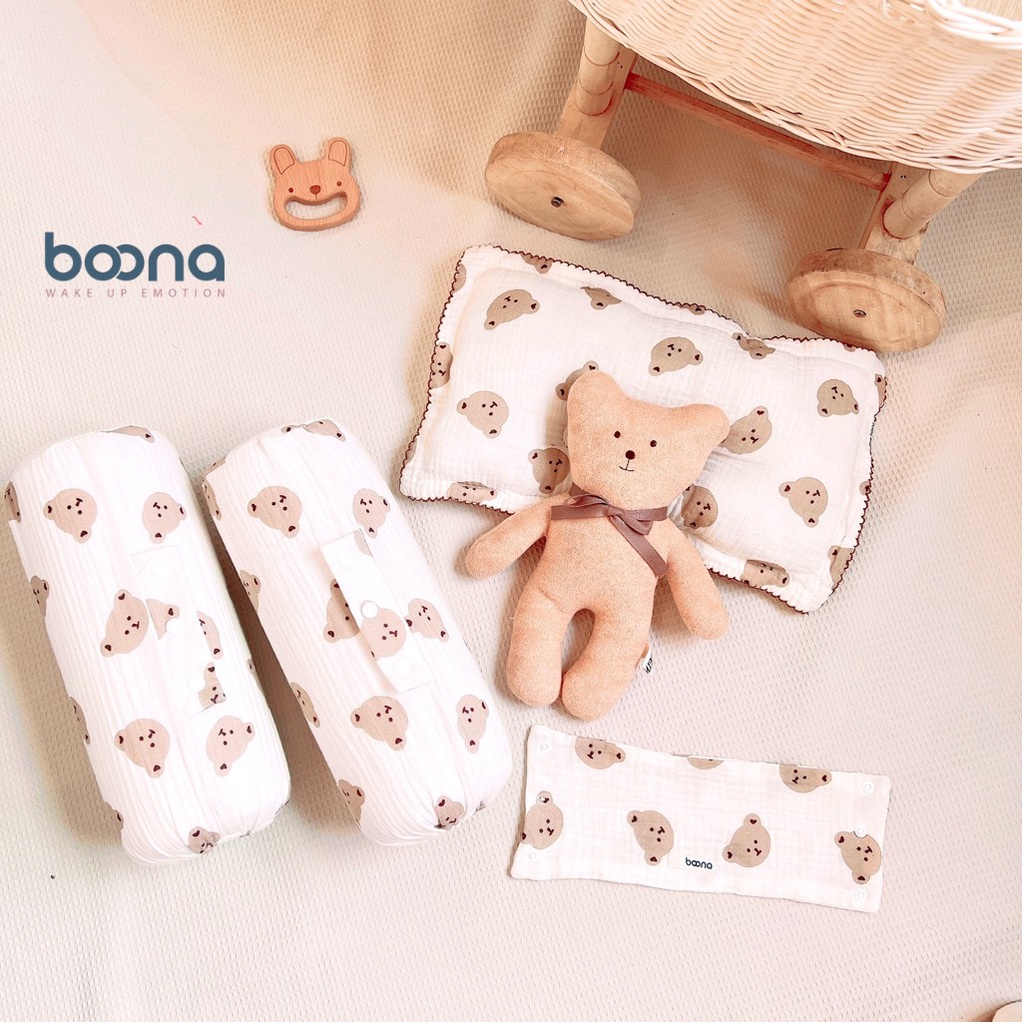 Gối chặn cao su non BOONA 2in1 vỏ muslin mềm mại, ruột gối cao su non cao cấp, đàn hồi, giữ phom cho bé ngủ ngon
