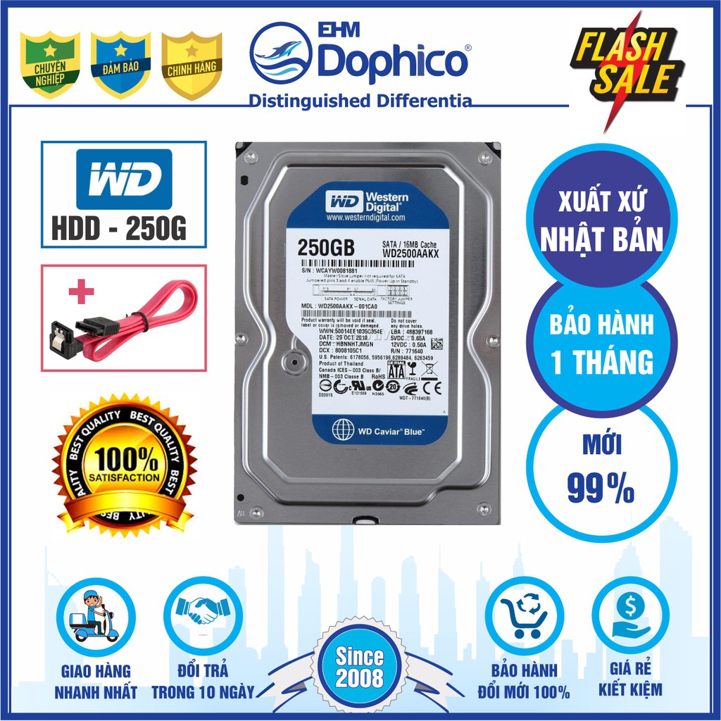 Ổ cứng HDD 3.5” Western Digital 250GB - Chính Hãng – Bảo hành 1 tháng 1 đổi 1 – Tháo máy đồng bộ mới 99% - HDD WD xanh