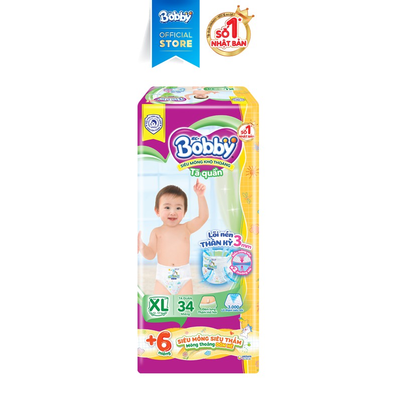Tã quần Bobby lõi nén thần kì 3mm S46/M42/L38/XL34/XXL30 - Tặng 6 miếng mùa hè