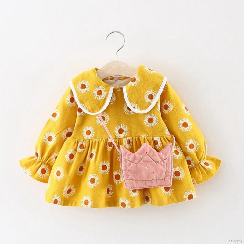 Set đầm dài tay cổ tròn + túi đeo chéo in hoa đáng yêu cho bé gái