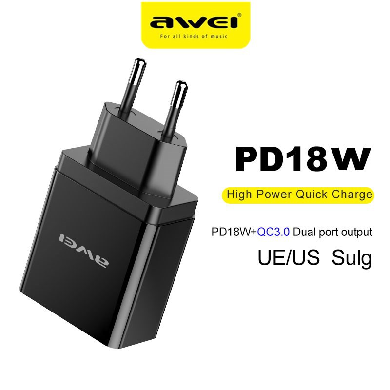 Awei C-811 PD18W+QC3.0 Dual Port Smart Quick Charger With Two Colors