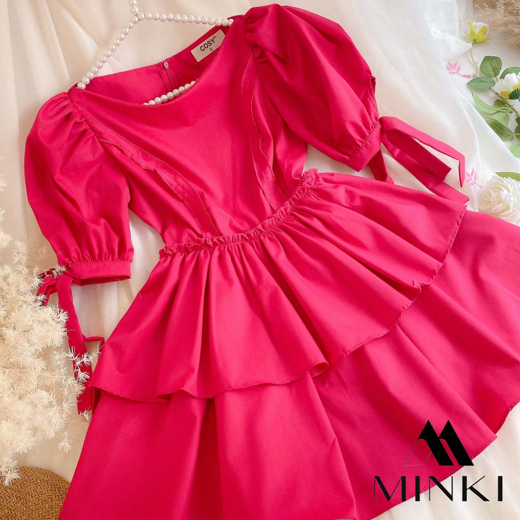 ĐẦM HỒNG BÈO TAY CỘT NƠ - CHẤT LIỆU CAO CẤP - MÀU HỒNG BÁNH BÈO THIẾT KẾ ĐẸP | BigBuy360 - bigbuy360.vn