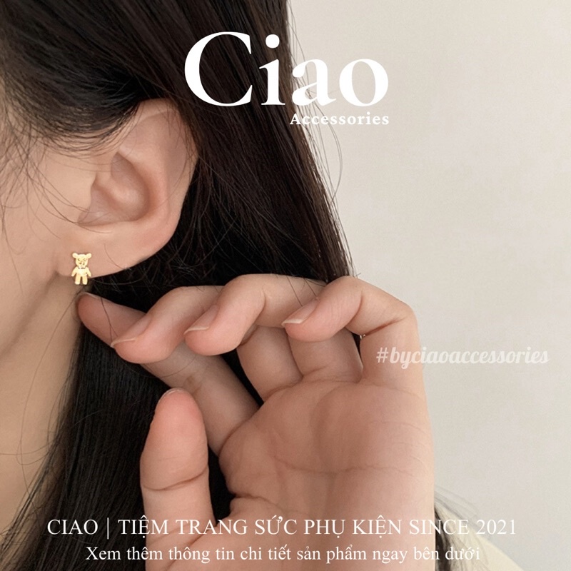 [HOẢ TỐC 1H] Set 3 khuyên tai/ bông tai mạ bạc S925 thiết kế xinh xắn đính đá charm gấu Mimim Ciao