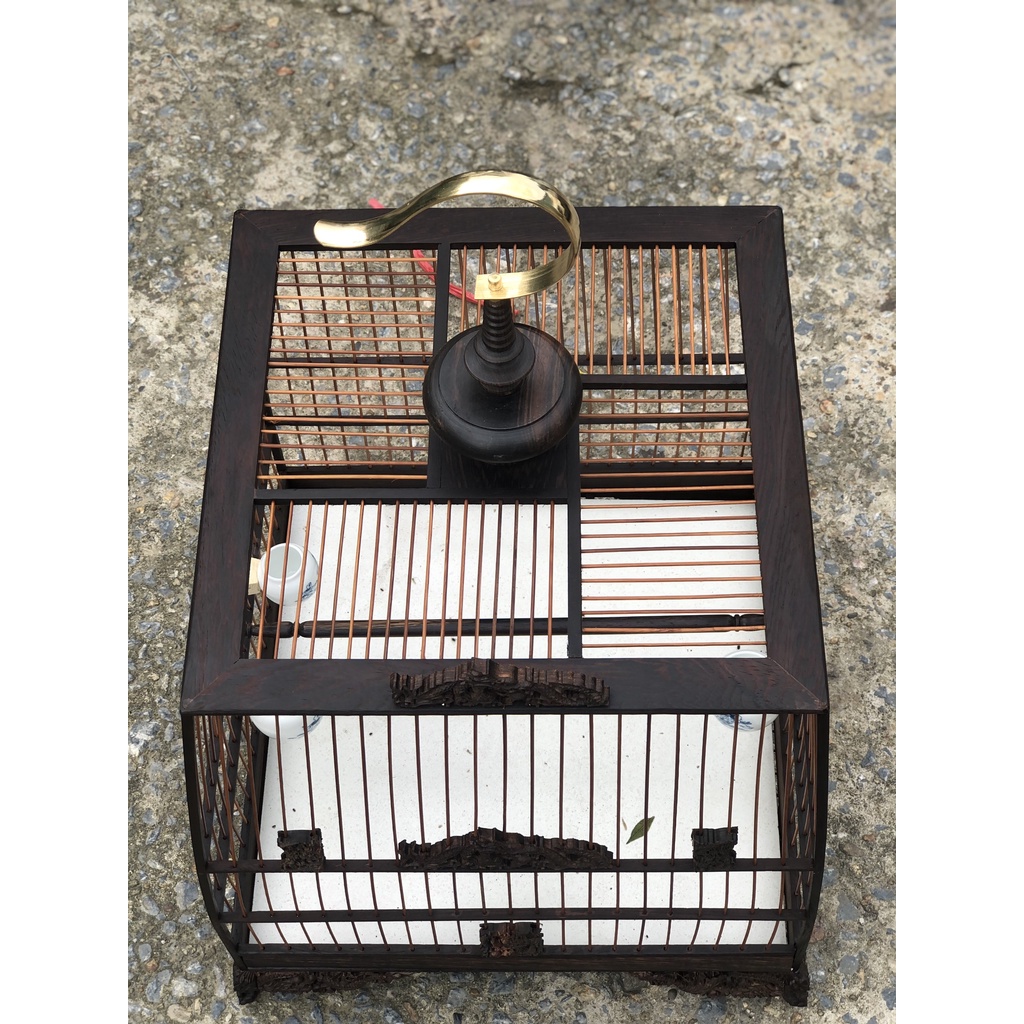 Lồng chim chào mào gỗ mun đuôi công Thái đấu trụ tròn đục Rồng kèm đủ phụ kiện LC02 Lồng chim Kabosa