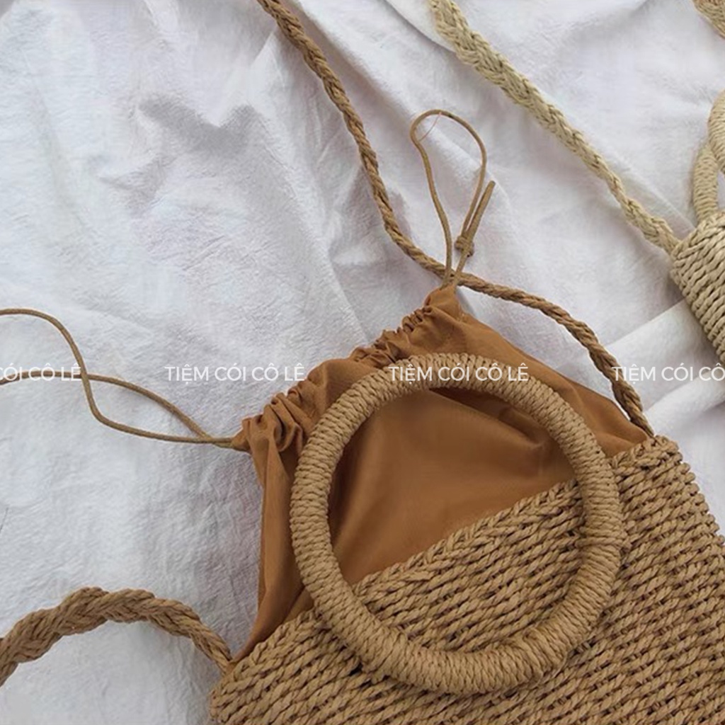 Túi cói đi biển dáng hộp đính nơ ren phong cách retro - Tiệm Cói Cô Lê