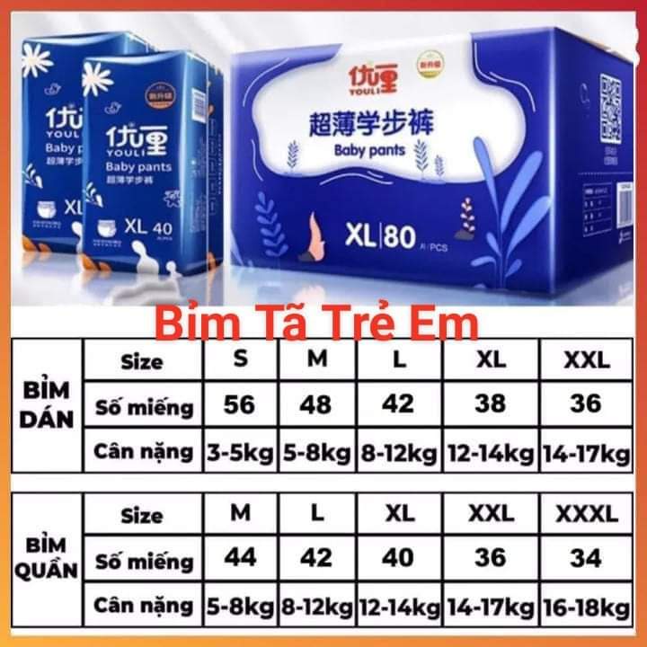 [HCM]Tã/ Bỉm YOULI XANH quần/dán đủ size S108, M96, L84, XL76, XXL72, XXXL68