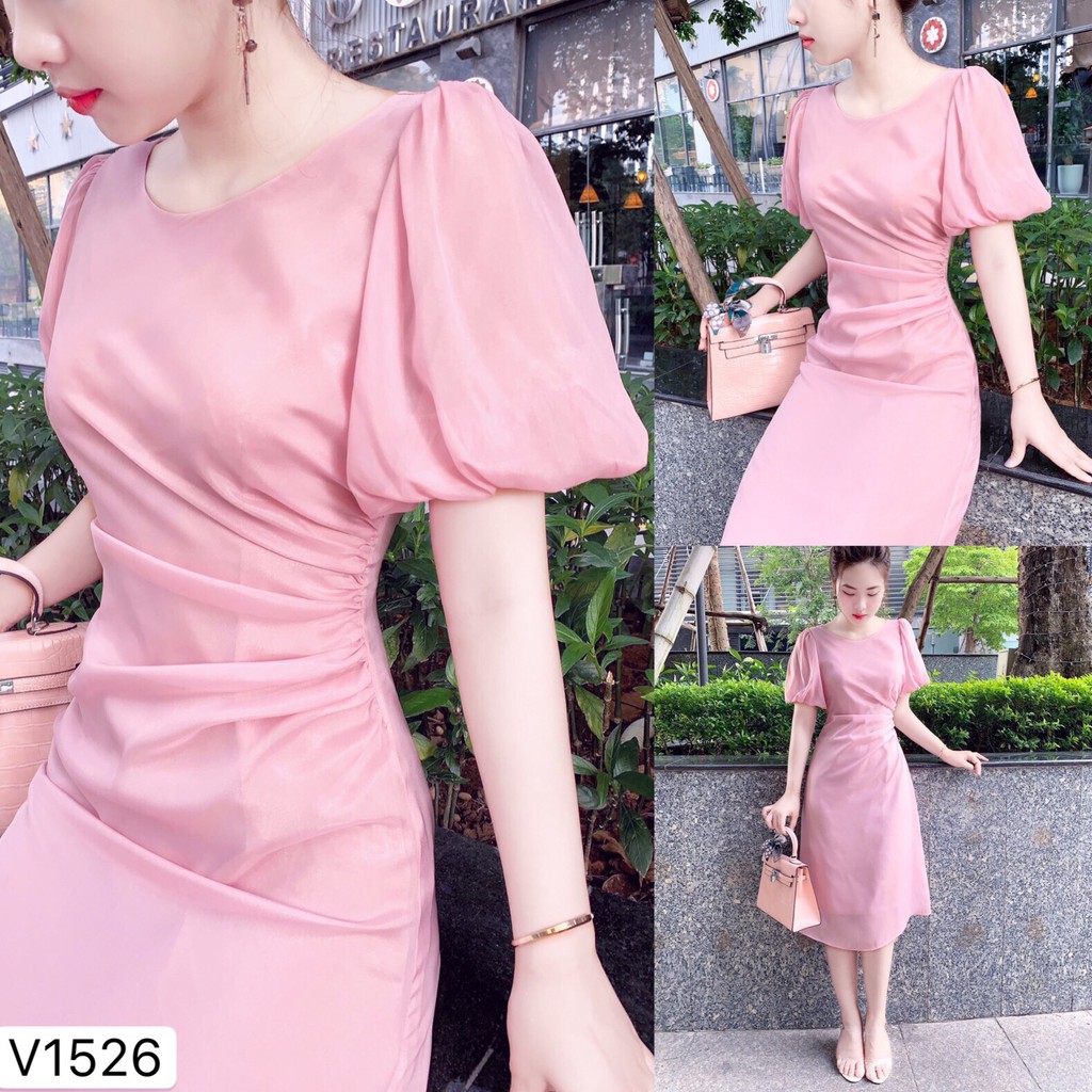 Váy hồng tay bồng nhún eo V1526 - Đẹp Shop DVC (Kèm ảnh thật trải sàn do shop tự chụp)