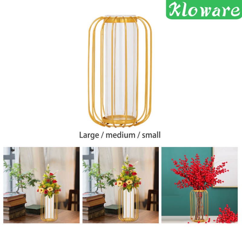 Bình hoa kiểu đèn lồng bằng thủy tinh khung sắt màu vàng phong cách Bắc Âu trang trí nhà cửa/văn phòng