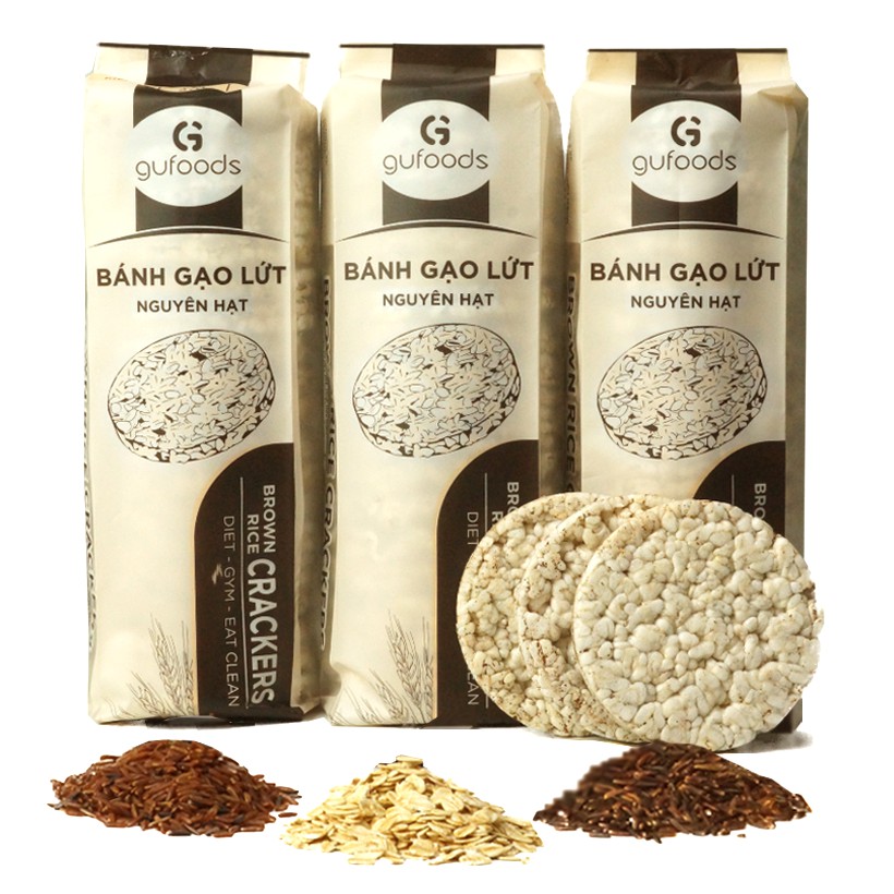 Bánh gạo lứt ăn kiêng GUfoods (510g = 54 bánh) - Các vị Yến mạch, Huyết rồng, Tím than, Mix 3 vị, Hạt chia và Hạt quinoa