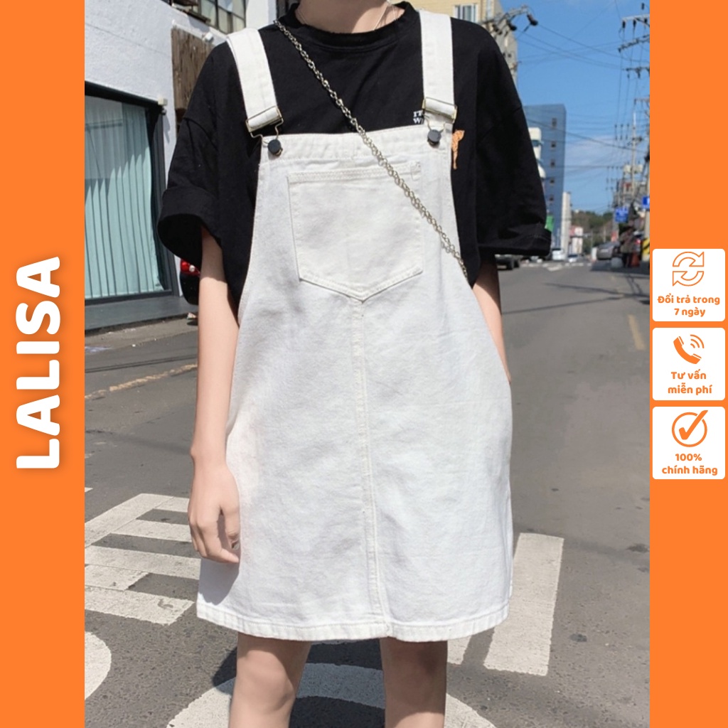 Váy Yếm Nữ LALISA Váy Yếm 2 Dây Phong Cách Vintage Thiết Kế Ngắn Xinh Chất Kaki Ba Màu Trắng Đen Xanh QDE1