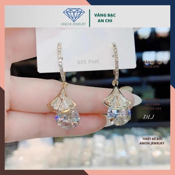 Bông tai công chúa đá tròn, khuyên tai hình quạt - bạc ta sáng đẹp không đen xỉn - An chi Jewelry