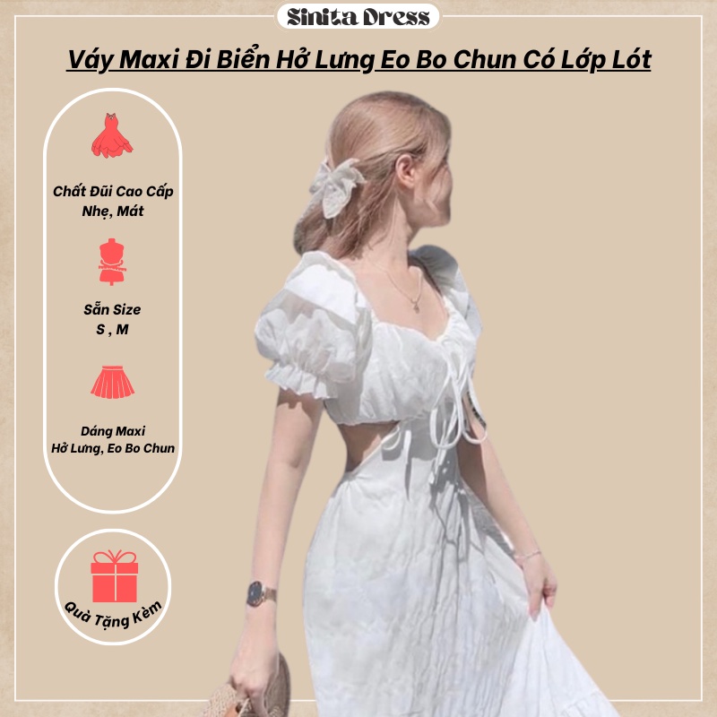Váy Maxi Đi Biển Hở Lưng Tay Bồng Xoắn Ngực Có Lớp Lót Sinita