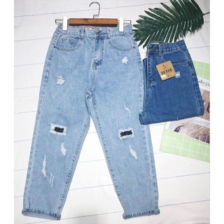 quần Baggy Jean Nữ In Cách Điệu Rách Gối