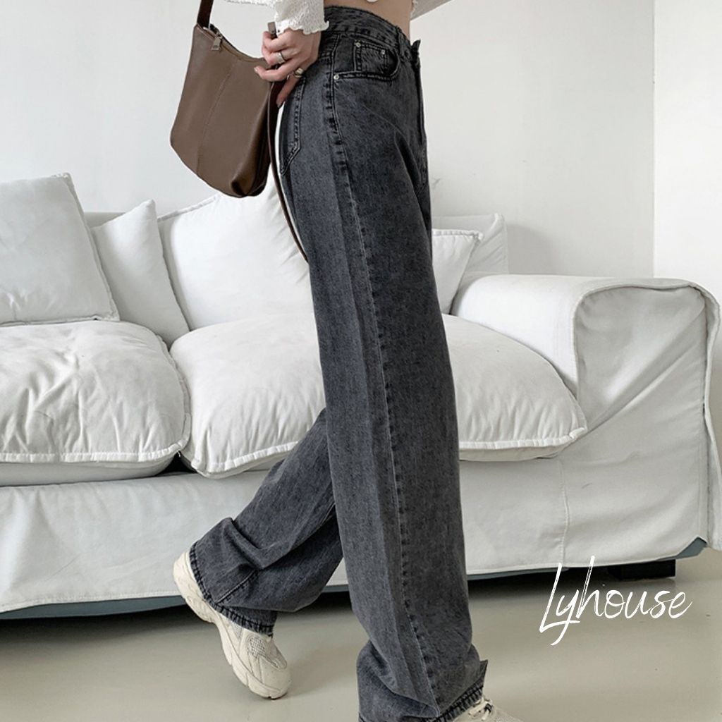 Quần Jeans Nữ Ống Rộng Xám - Quần Ống Rộng Nữ Dáng Suông Jeans Lưng Cao Ulzzang QJ01