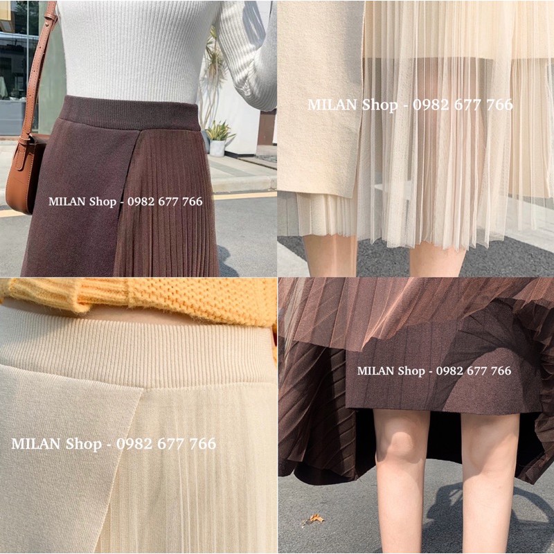 Chân váy len phối ren xếp ly dài qua gối thời trang