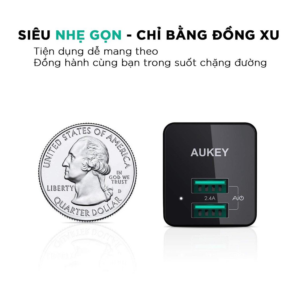 Sạc USB Aukey PA-U32 Đầu Ra 2.4A Công Nghệ AiPower Thông minh - Hàng Chính Hãng