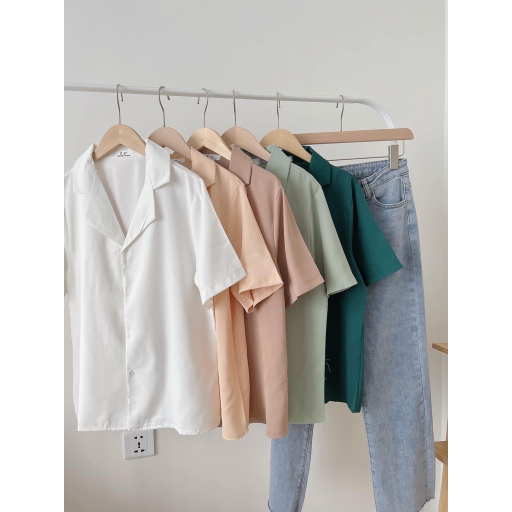 Áo sơ mi lụa trơn cổ vest ngắn tay nhiều màu ulzzang