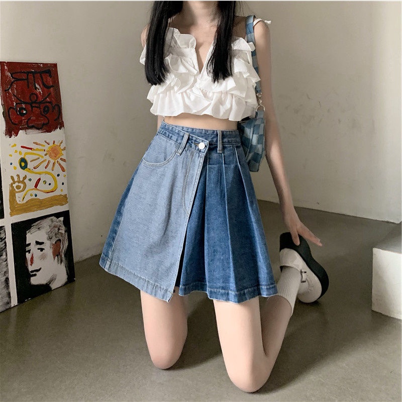Chân váy jean Dáng Ngắn Lệch Tà Kiểu Hàn Quốc Dễ Phối Đồ Cho Nữ