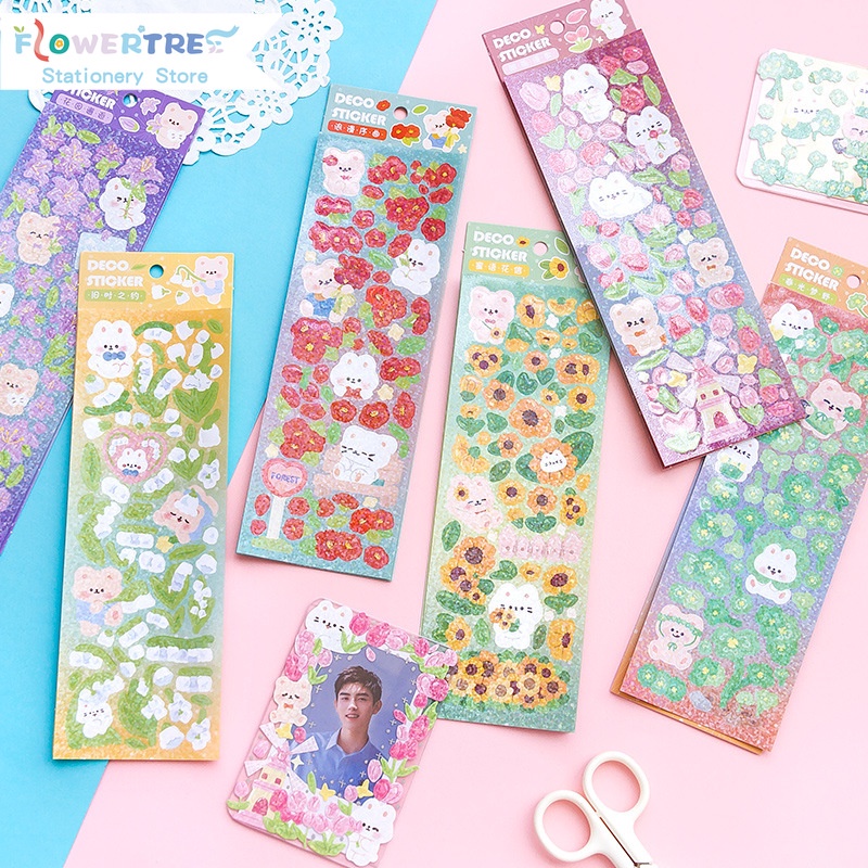 Flowertree Bộ 2 Sticker Dán Trang Trí Sổ Tay Hình Gấu Và Hoa Xinh Xắn