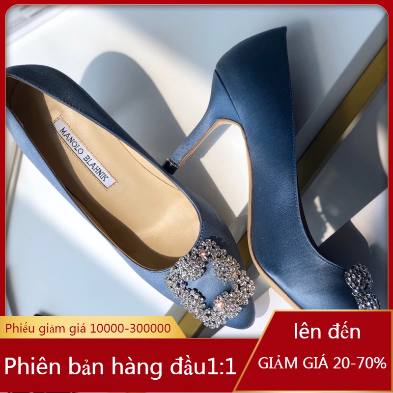 Giày cao gót nữ mũi nhọn đính đá màu xanh dương phong cách Hàn Quốc size 34-40