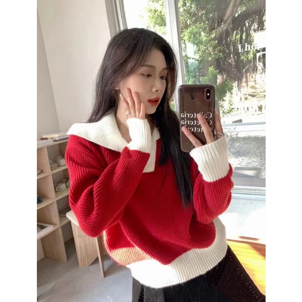 Áo sweater NZN dệt kim dáng rộng màu tương phản thời trang mùa thu cho nữ